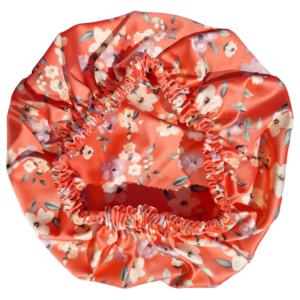 Boneta de par din satin - orange-rosu cu flori pastel 1