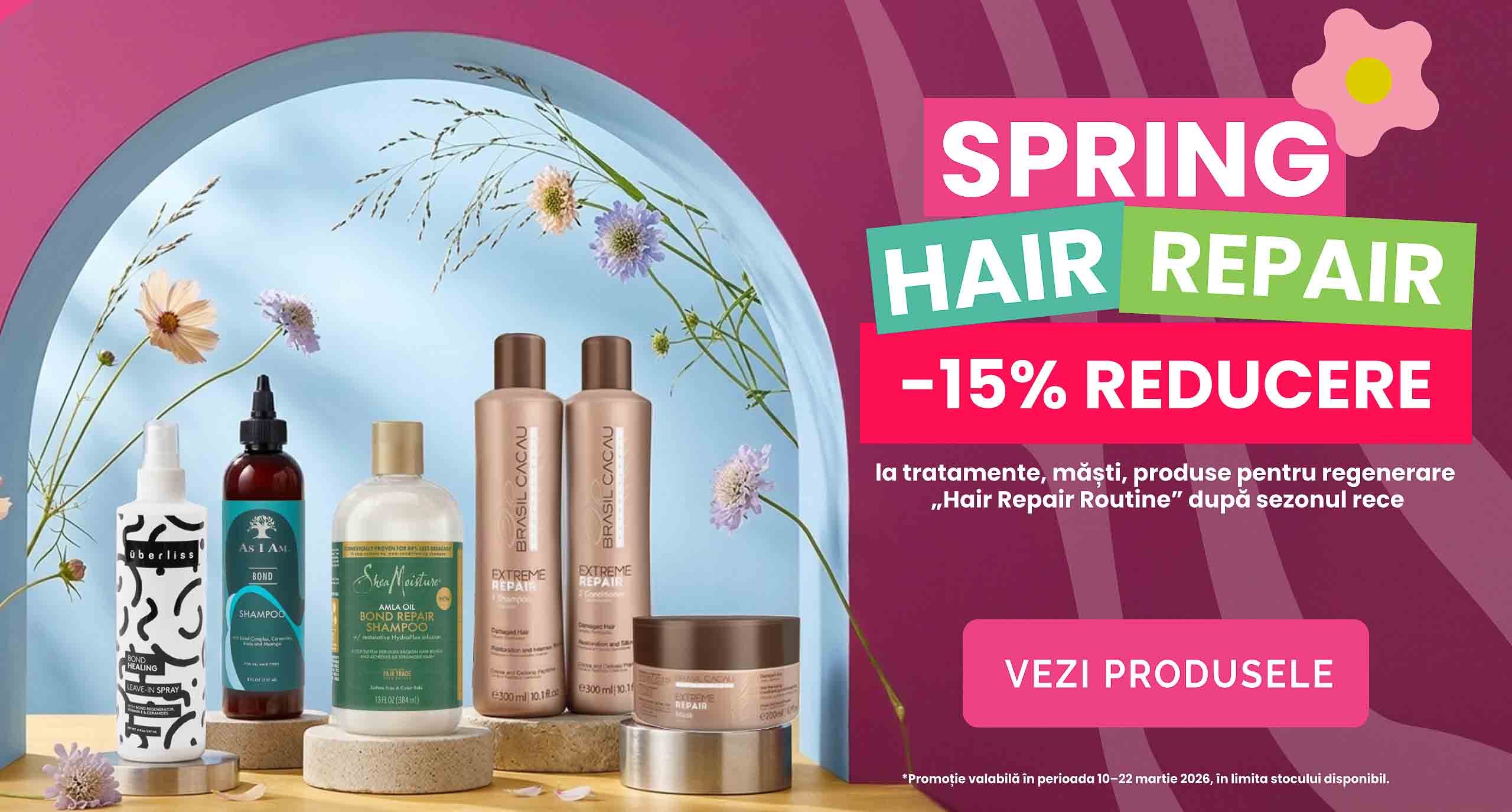 Banner campanie spring hair repair. profita de reduceri de pana la 15% la dazahaircare