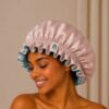 Boneta din satin reversibila DAZA Haircare Double Face Peach – Pale Blue