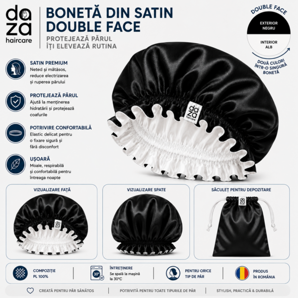 03f74022-ff9e-4b16-b8e7-db9613f052f9 Boneta din satin reversibila DAZA Haircare Double Face Black & White