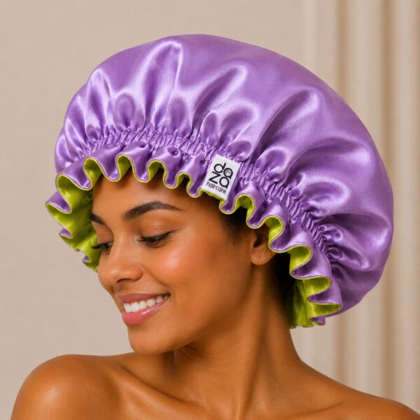 Boneta din satin reversibila DAZA Haircare Double Face Purple - Chartreuse