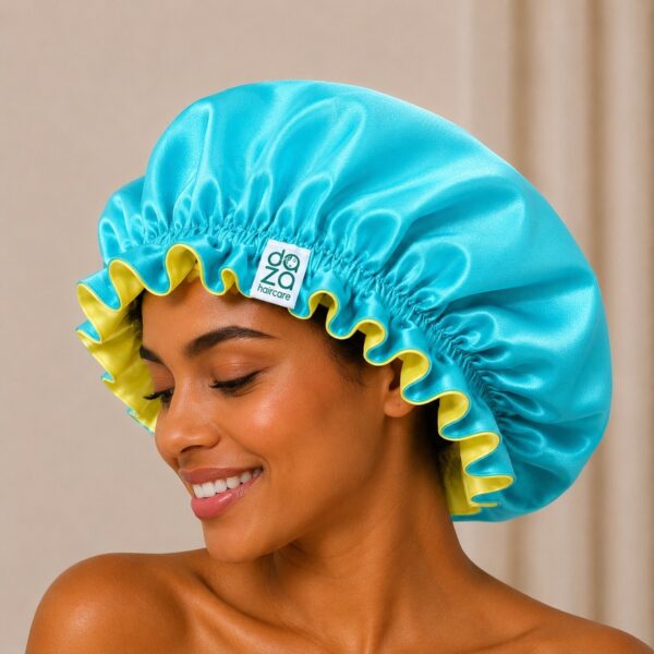 Boneta din satin reversibila DAZA Haircare Double Face Turquoise & Yellow