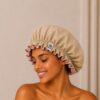Boneta din satin reversibila DAZA Haircare Double Face Beige & Dusty Pink