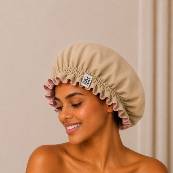 Boneta din satin reversibila DAZA Haircare Double Face Beige & Dusty Pink