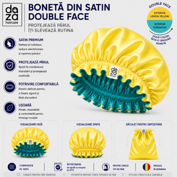 Yellow-Turqouse_33 Boneta din satin reversibila DAZA Haircare Double Face Lemon Yellow - Turquoise