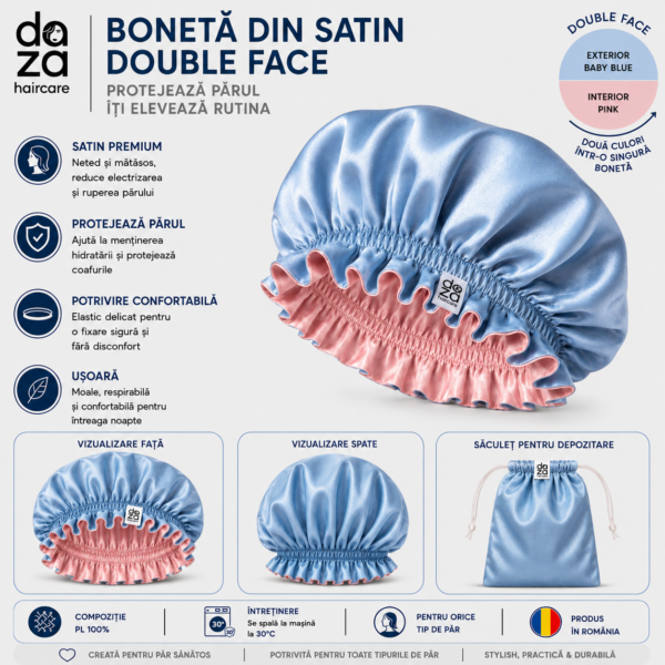 Boneta din satin reversibila DAZA Haircare Double Face Baby Blue & Pink