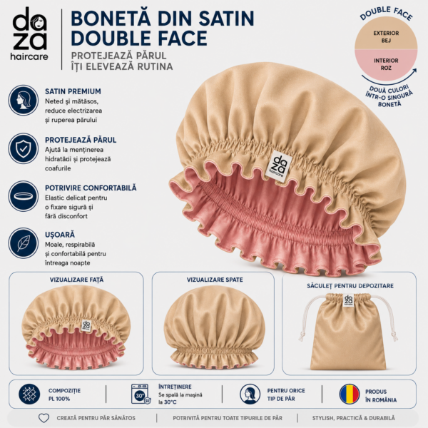 Boneta din satin reversibila DAZA Haircare Double Face Beige & Dusty Pink
