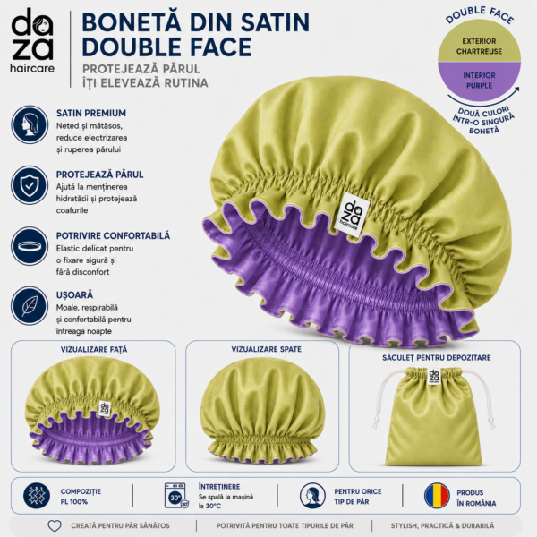 chartreuse-purple Boneta din satin reversibila DAZA Haircare Double Face Chartreuse & Purple