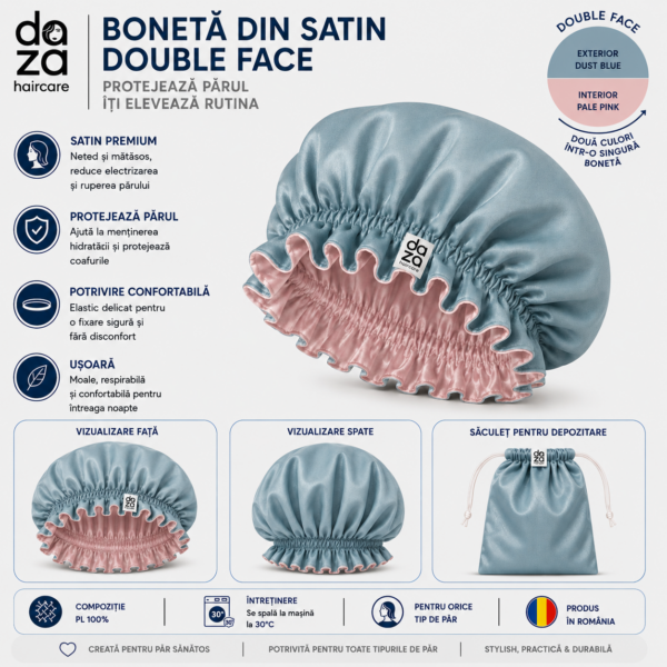 Boneta din satin reversibila DAZA Haircare Double Face Dusty Pink & Pale Blue
