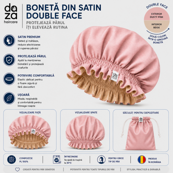 dust pink -beige Boneta din satin reversibila DAZA Haircare Double Face Dusty Pink - Beige