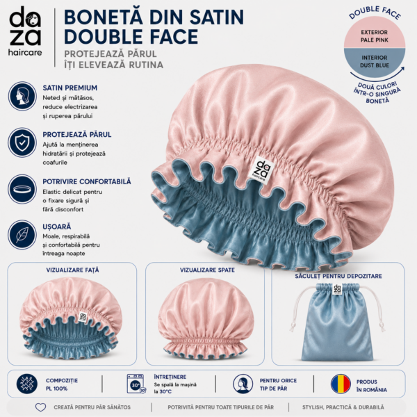 Boneta din satin reversibila DAZA Haircare Double Face Peach – Pale Blue