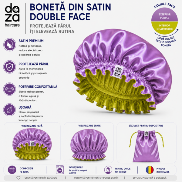Boneta din satin reversibila DAZA Haircare Double Face Purple - Chartreuse
