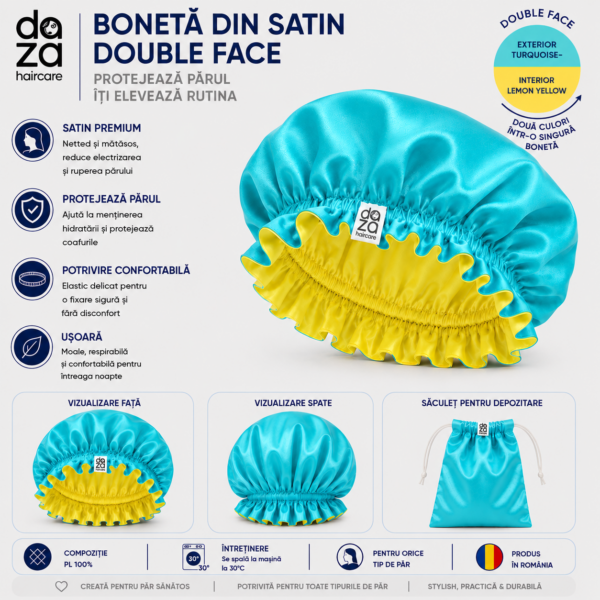 Boneta din satin reversibila DAZA Haircare Double Face Turquoise & Yellow