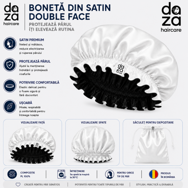 Boneta din satin reversibila DAZA Haircare Double Face White - Black